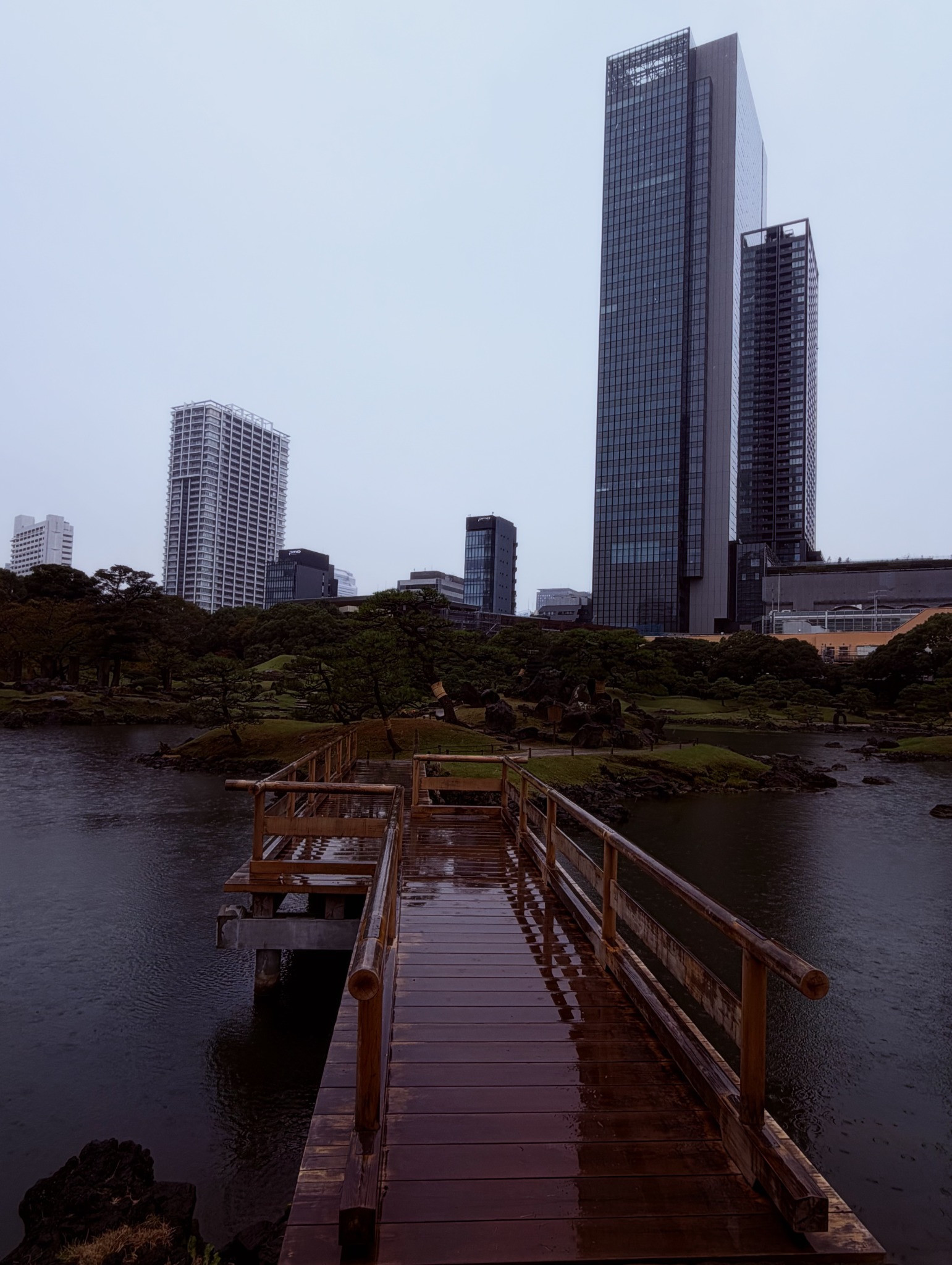 A rain-wet wooden bridge crosses a garden pond beneath Tokyo’s high-rise skyline.